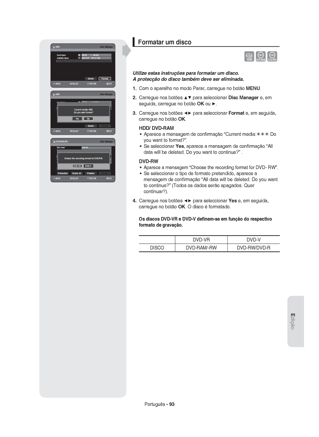 Samsung DVD-HR750/EUR, DVD-HR749/XEC, DVD-HR750/XEC Formatar um disco, Current media HDD Do you want format?, Delete Format 