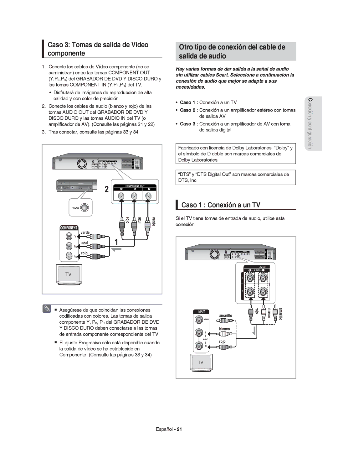 Samsung DVD-HR750/EUR manual Otro tipo de conexión del cable de Salida de audio, Caso 3 Tomas de salida de Vídeo componente 