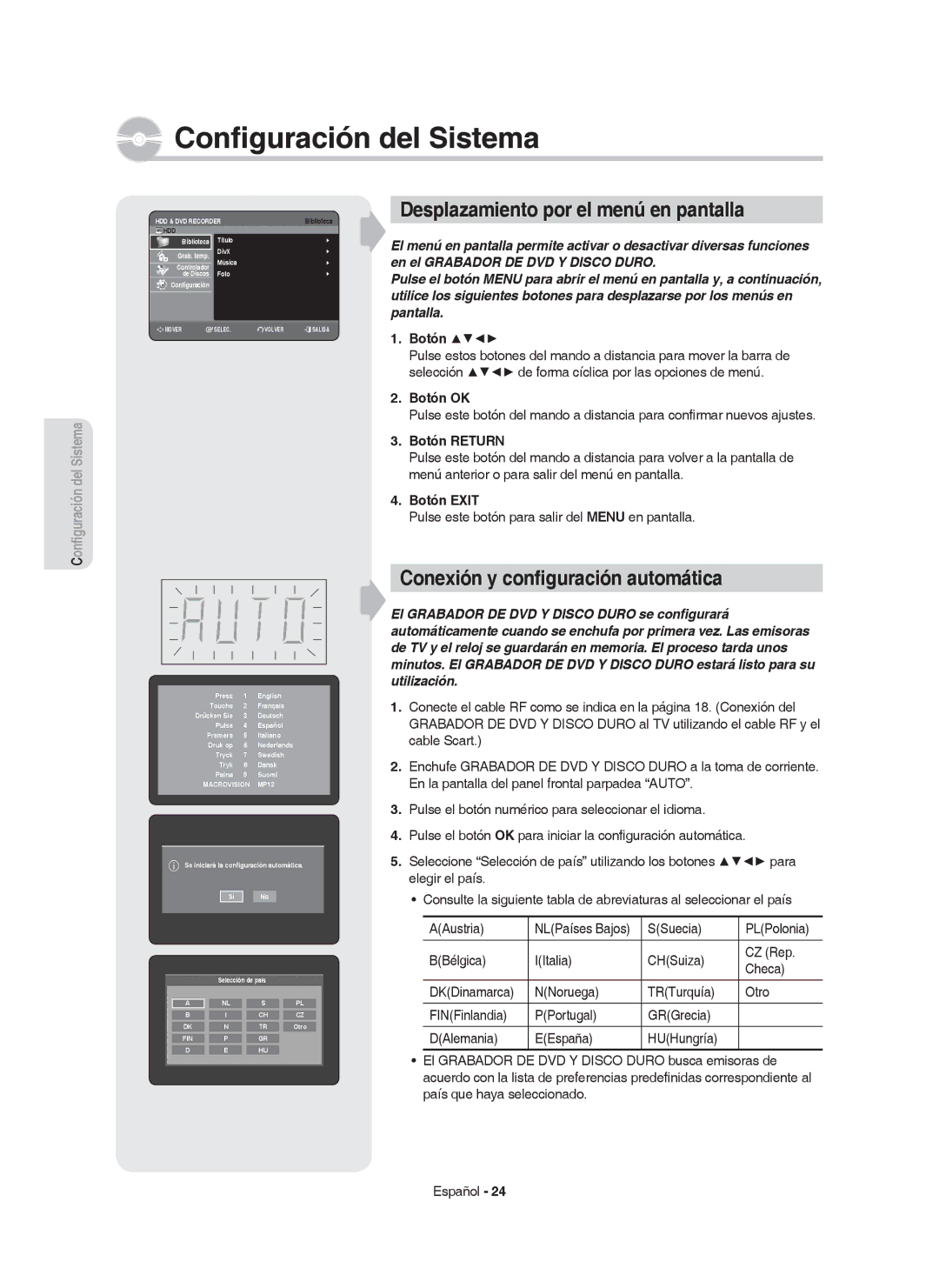 Samsung DVD-HR750/EUR manual Desplazamiento por el menú en pantalla, Conexión y conﬁguración automática, Botón OK 