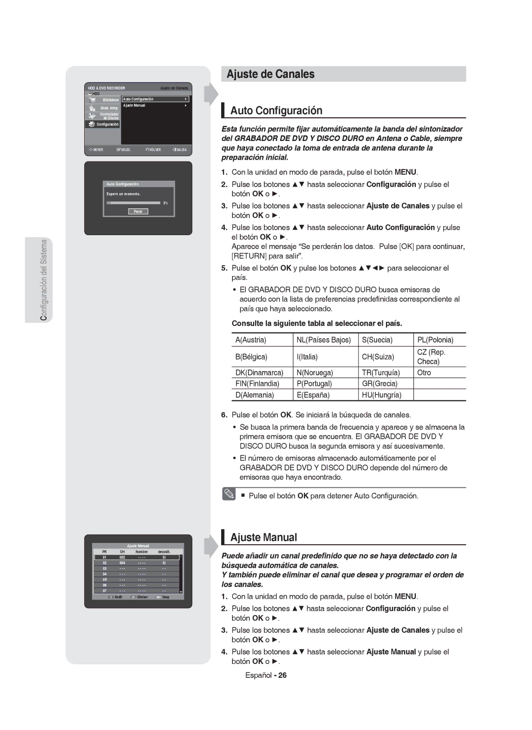 Samsung DVD-HR750/XEC, DVD-HR750/EUR, DVD-HR749/XEC manual Ajuste de Canales, Auto Conﬁguración, Ajuste Manual 