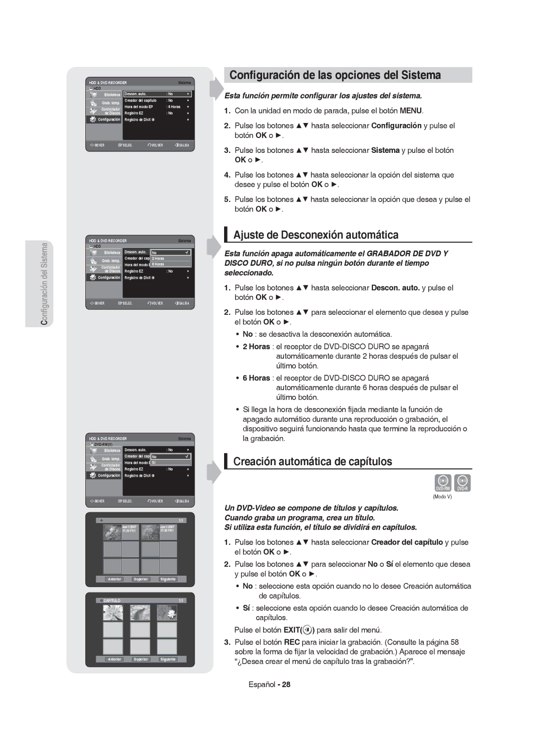 Samsung DVD-HR749/XEC, DVD-HR750/EUR manual Conﬁguración de las opciones del Sistema, Ajuste de Desconexión automática 