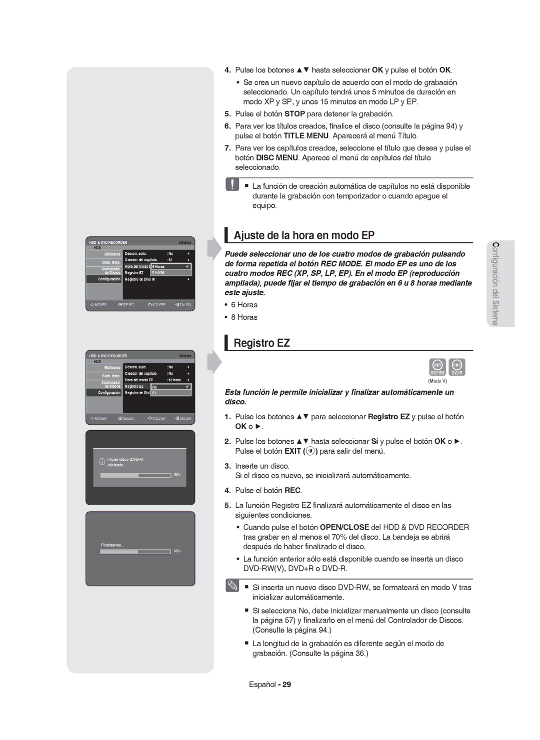 Samsung DVD-HR750/XEC, DVD-HR750/EUR, DVD-HR749/XEC manual Ajuste de la hora en modo EP, Registro EZ, Horas 