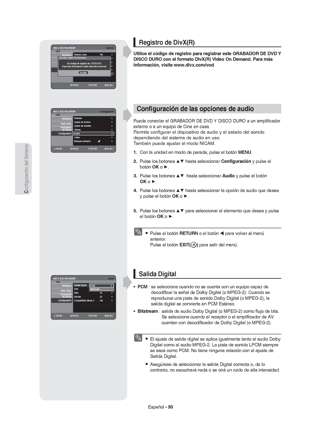 Samsung DVD-HR750/EUR, DVD-HR749/XEC manual Conﬁguración de las opciones de audio, Registro de DivXR, Salida Digital 