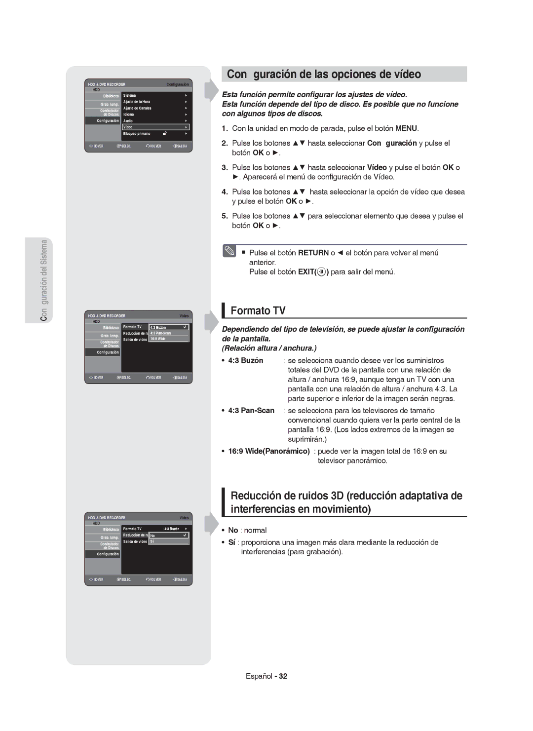 Samsung DVD-HR750/XEC, DVD-HR750/EUR, DVD-HR749/XEC Conﬁguración de las opciones de vídeo, Formato TV, 43 Buzón Grab. temp 