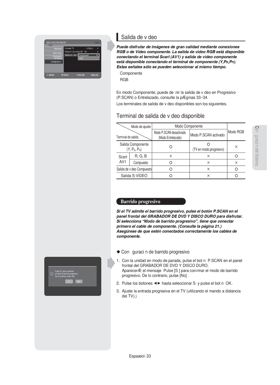 Samsung DVD-HR750/EUR manual Salida de vídeo, Terminal de salida de vídeo disponible, Conﬁguración de barrido progresivo 