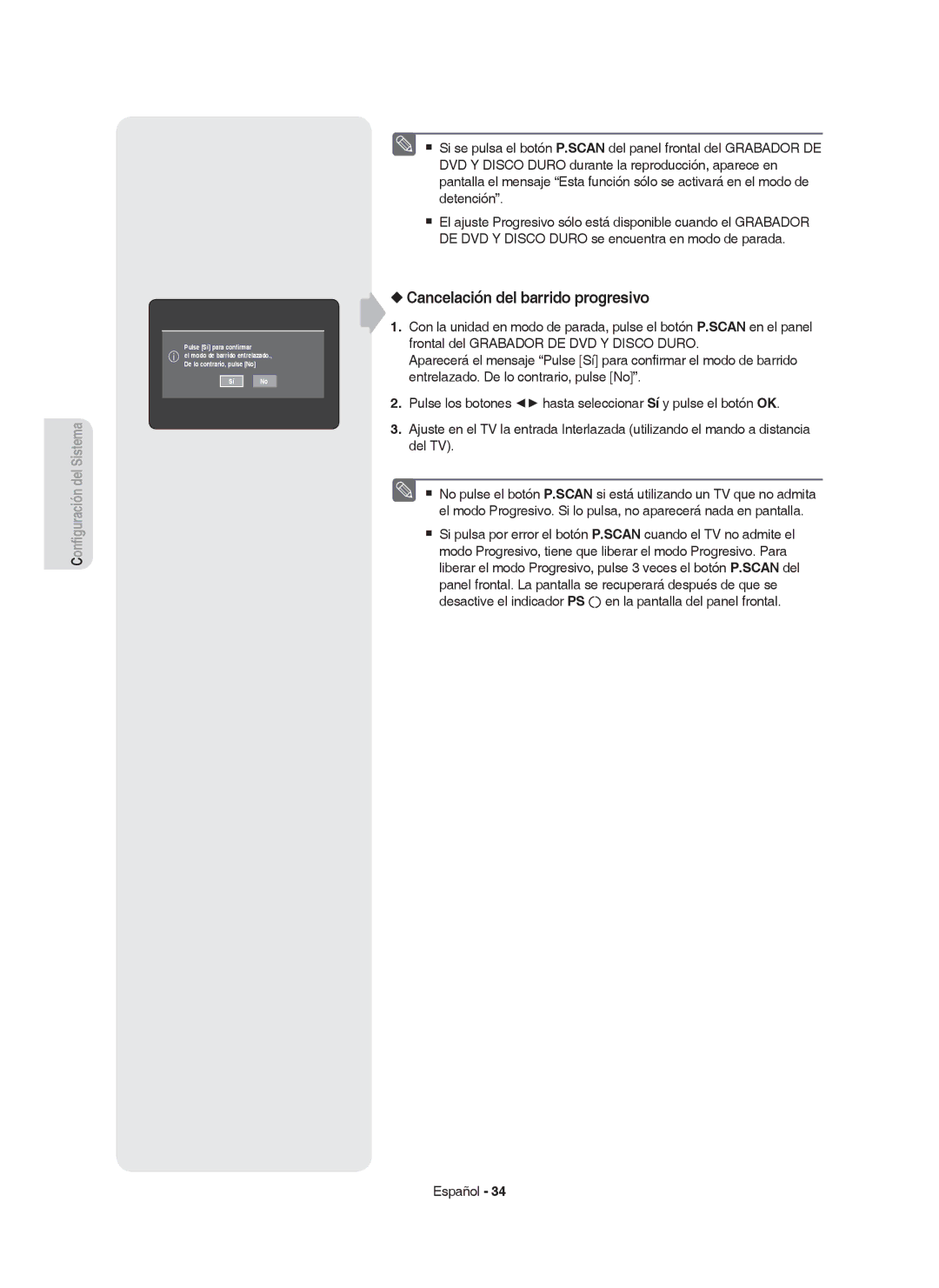 Samsung DVD-HR749/XEC, DVD-HR750/EUR, DVD-HR750/XEC manual Cancelación del barrido progresivo 