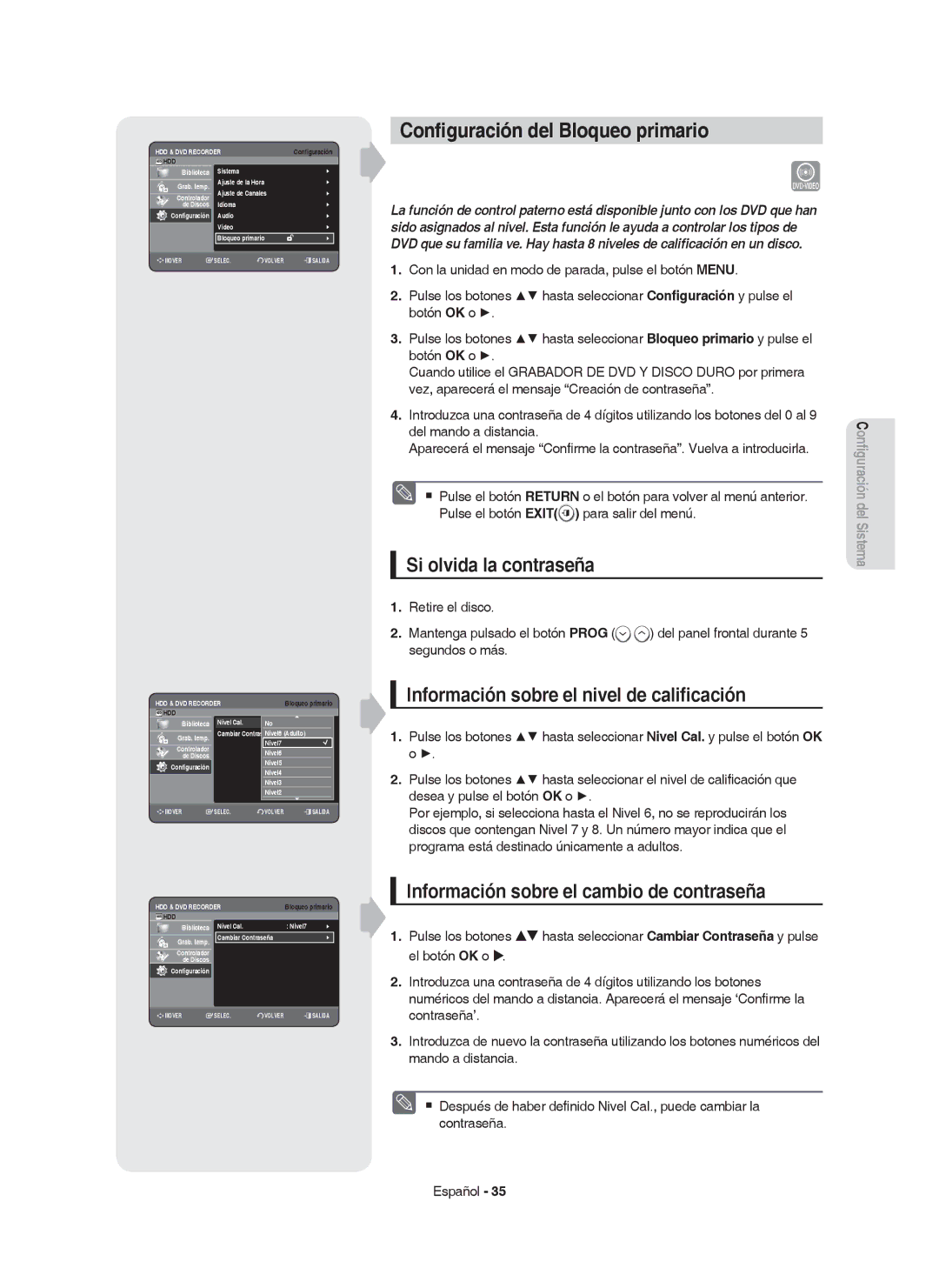 Samsung DVD-HR750/XEC, DVD-HR750/EUR, DVD-HR749/XEC manual Conﬁguración del Bloqueo primario, Si olvida la contraseña 