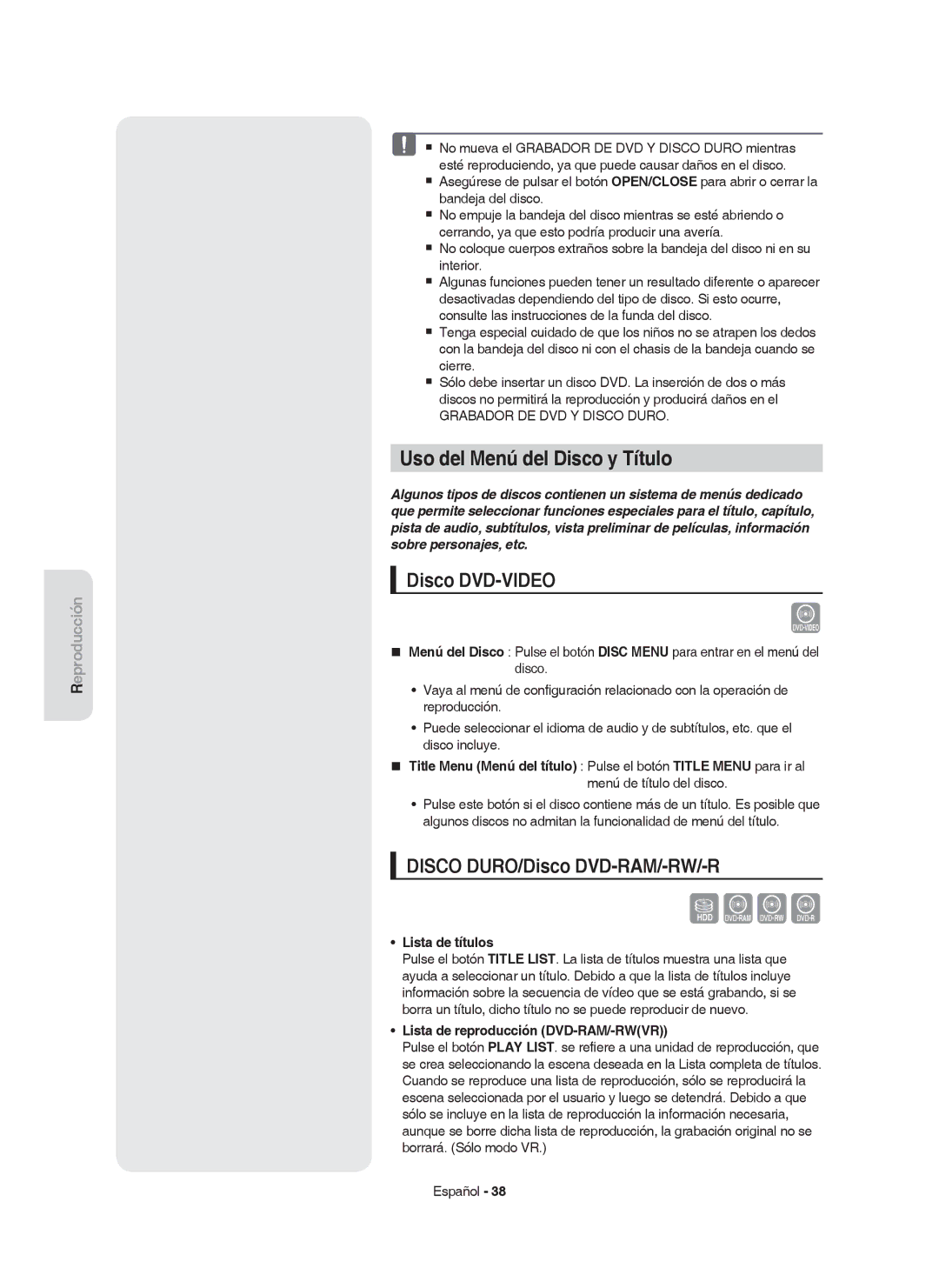 Samsung DVD-HR750/XEC Uso del Menú del Disco y Título, Disco DVD-VIDEO, Disco DURO/Disco DVD-RAM/-RW/-R, Lista de títulos 