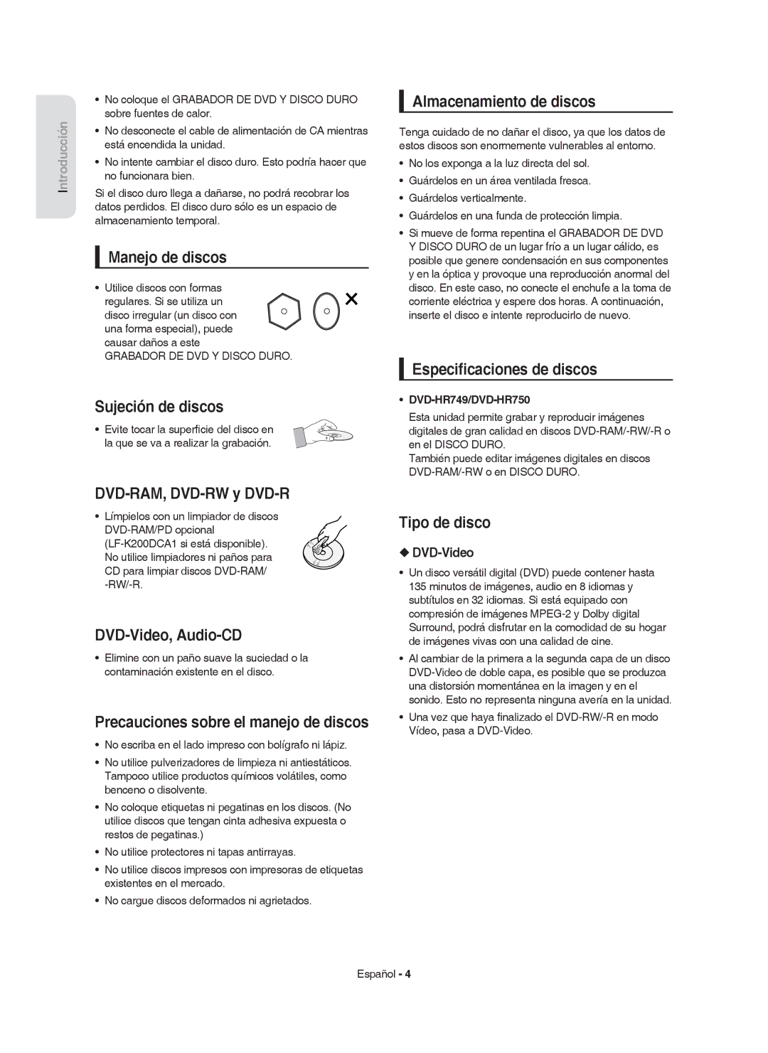 Samsung DVD-HR749/XEC Manejo de discos, Sujeción de discos, DVD-RAM, DVD-RW y DVD-R, DVD-Video, Audio-CD, Tipo de disco 
