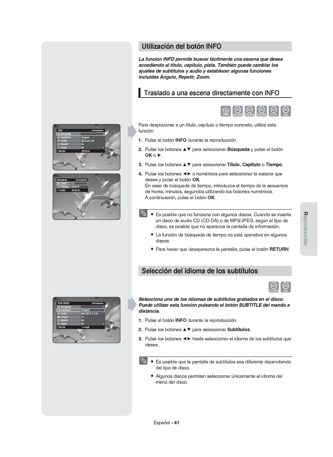 Samsung DVD-HR750/XEC Utilización del botón Info, Selección del idioma de los subtítulos, Continuación, pulse el botón OK 