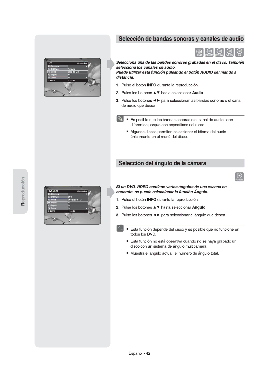 Samsung DVD-HR750/EUR, DVD-HR749/XEC Selección de bandas sonoras y canales de audio, Selección del ángulo de la cámara 