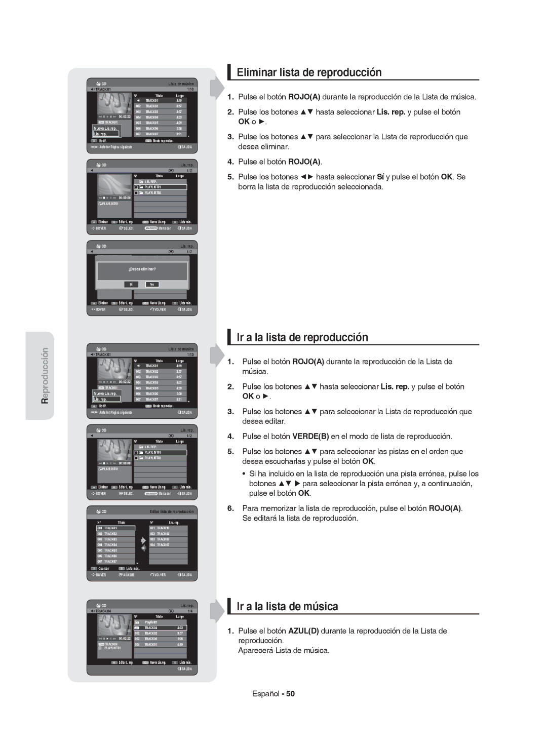 Samsung DVD-HR750/XEC manual Eliminar lista de reproducción, Ir a la lista de reproducción, Ir a la lista de música 