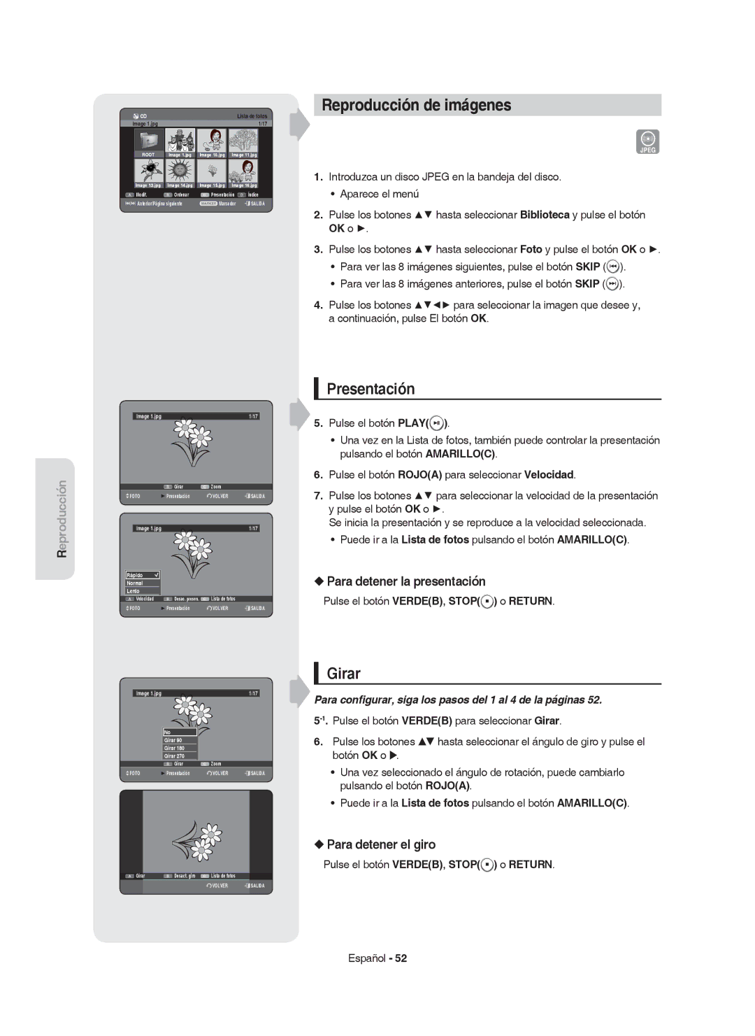 Samsung DVD-HR749/XEC Reproducción de imágenes, Presentación, Girar, Para detener la presentación, Para detener el giro 