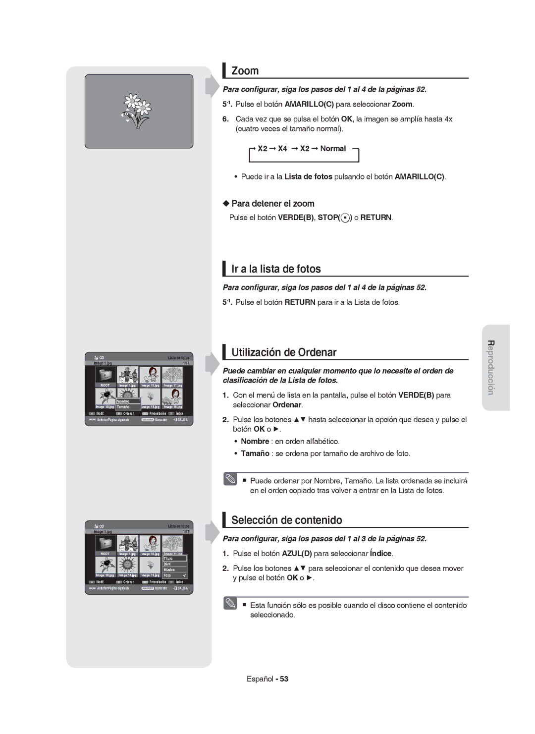 Samsung DVD-HR750/XEC, DVD-HR750/EUR, DVD-HR749/XEC Zoom, Ir a la lista de fotos, Para detener el zoom, X2 X4 X2 Normal 