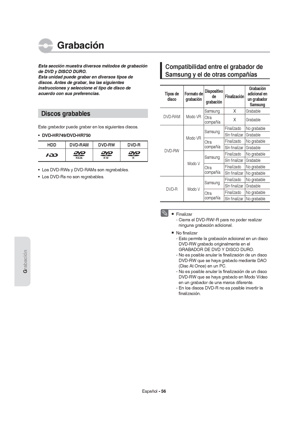 Samsung DVD-HR750/XEC, DVD-HR750/EUR, DVD-HR749/XEC manual Discos grabables 