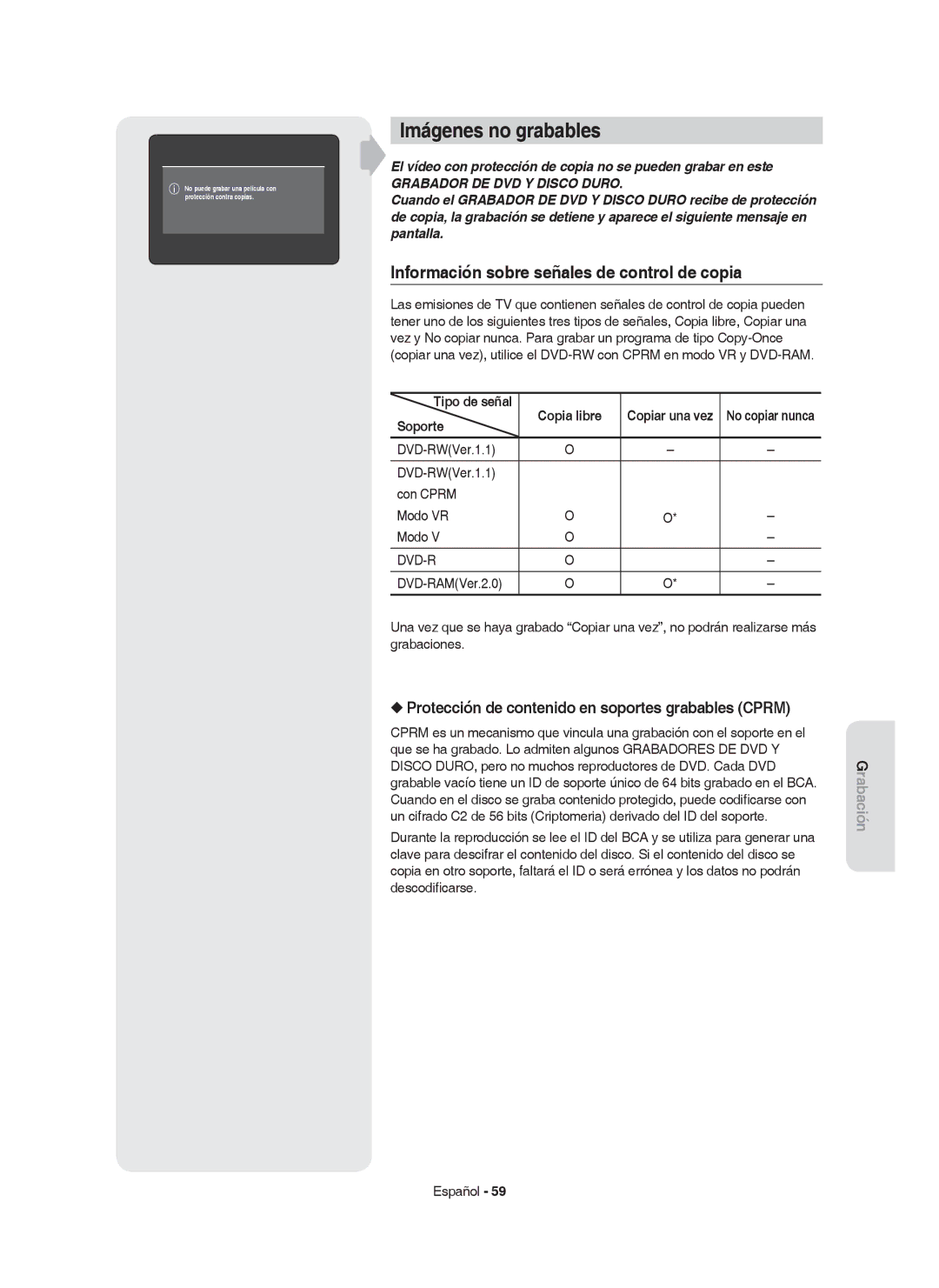 Samsung DVD-HR750/XEC, DVD-HR750/EUR Imágenes no grabables, Protección de contenido en soportes grabables Cprm, Soporte 