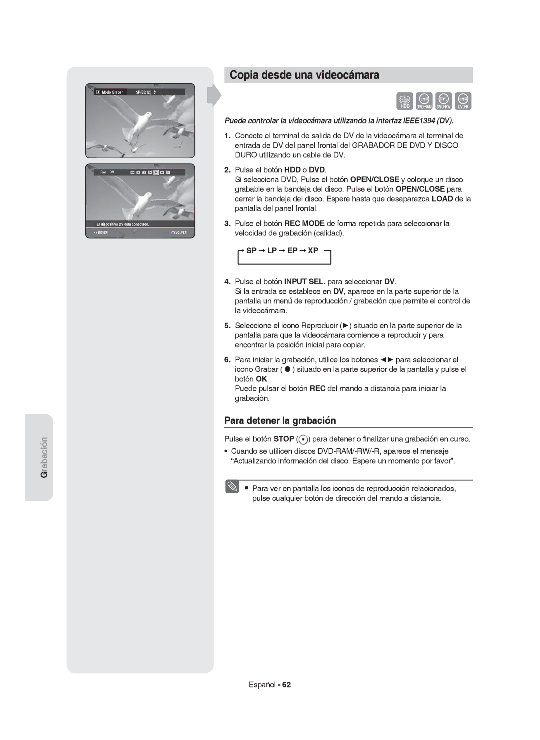 Samsung DVD-HR750/XEC manual Copia desde una videocámara, Pantalla del panel frontal, Velocidad de grabación calidad 