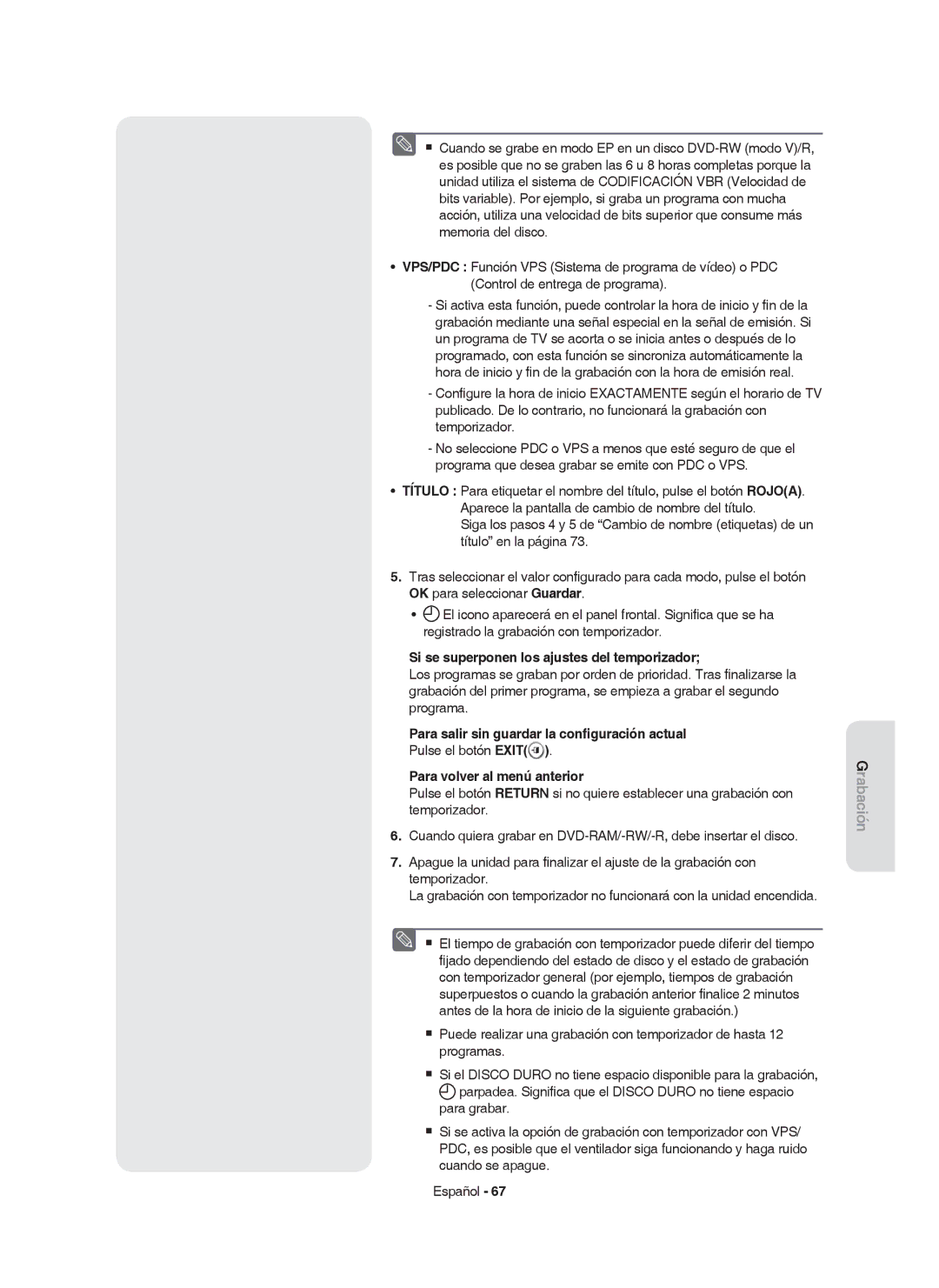 Samsung DVD-HR749/XEC manual Si se superponen los ajustes del temporizador, Para salir sin guardar la conﬁguración actual 