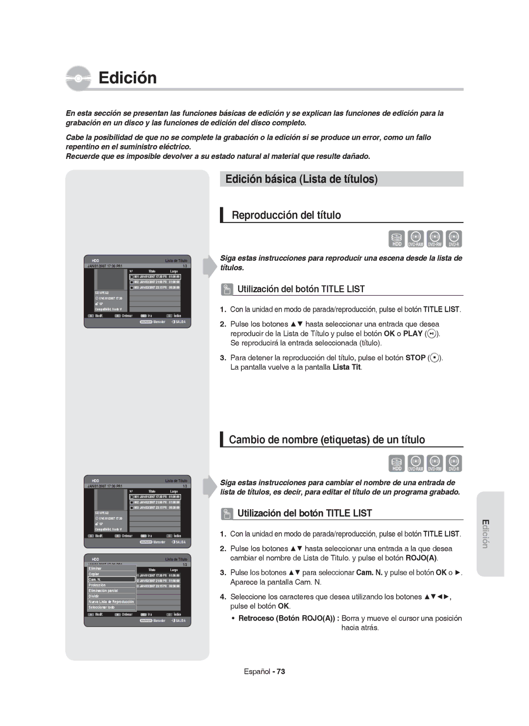 Samsung DVD-HR749/XEC Edición básica Lista de títulos, Reproducción del título, Cambio de nombre etiquetas de un título 