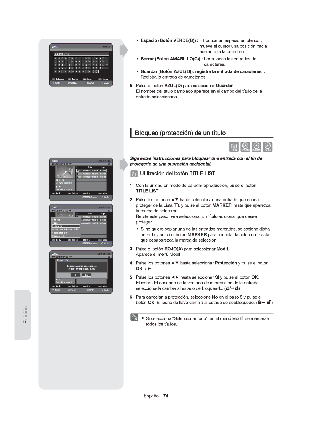 Samsung DVD-HR750/XEC, DVD-HR750/EUR, DVD-HR749/XEC manual Bloqueo protección de un título, SportsA1, Seleccionar1 SP todo 