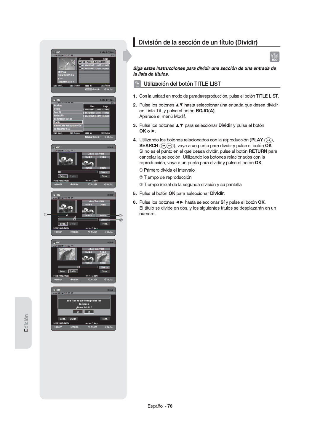 Samsung DVD-HR749/XEC, DVD-HR750/EUR manual División de la sección de un título Dividir, Selec, Term, Tras La división 