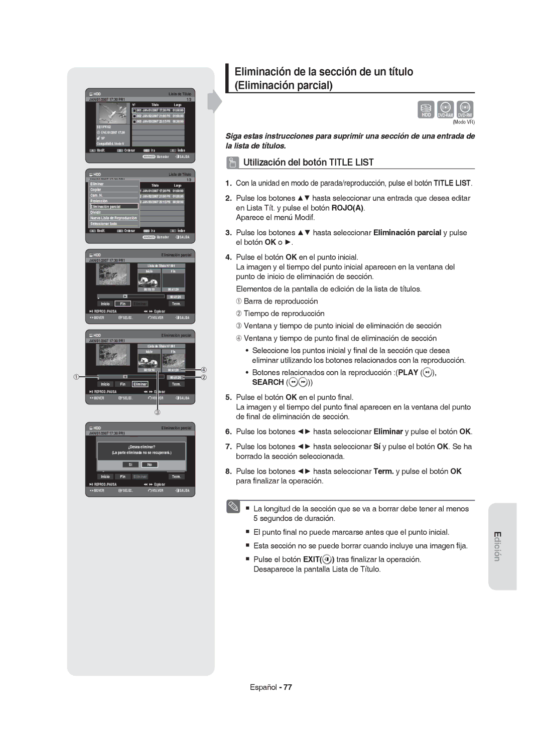 Samsung DVD-HR750/XEC, DVD-HR750/EUR, DVD-HR749/XEC manual Eliminación de la sección de un título Eliminación parcial, Search 