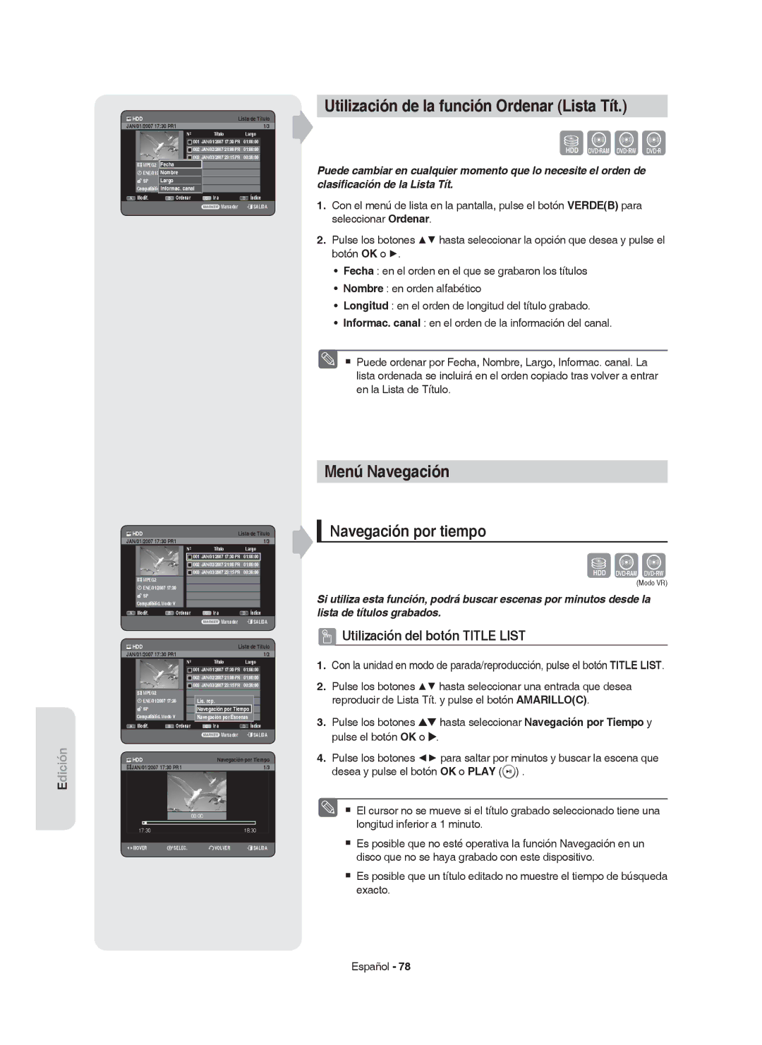 Samsung DVD-HR750/EUR manual Utilización de la función Ordenar Lista Tít, Menú Navegación, Navegación por tiempo, Largo 