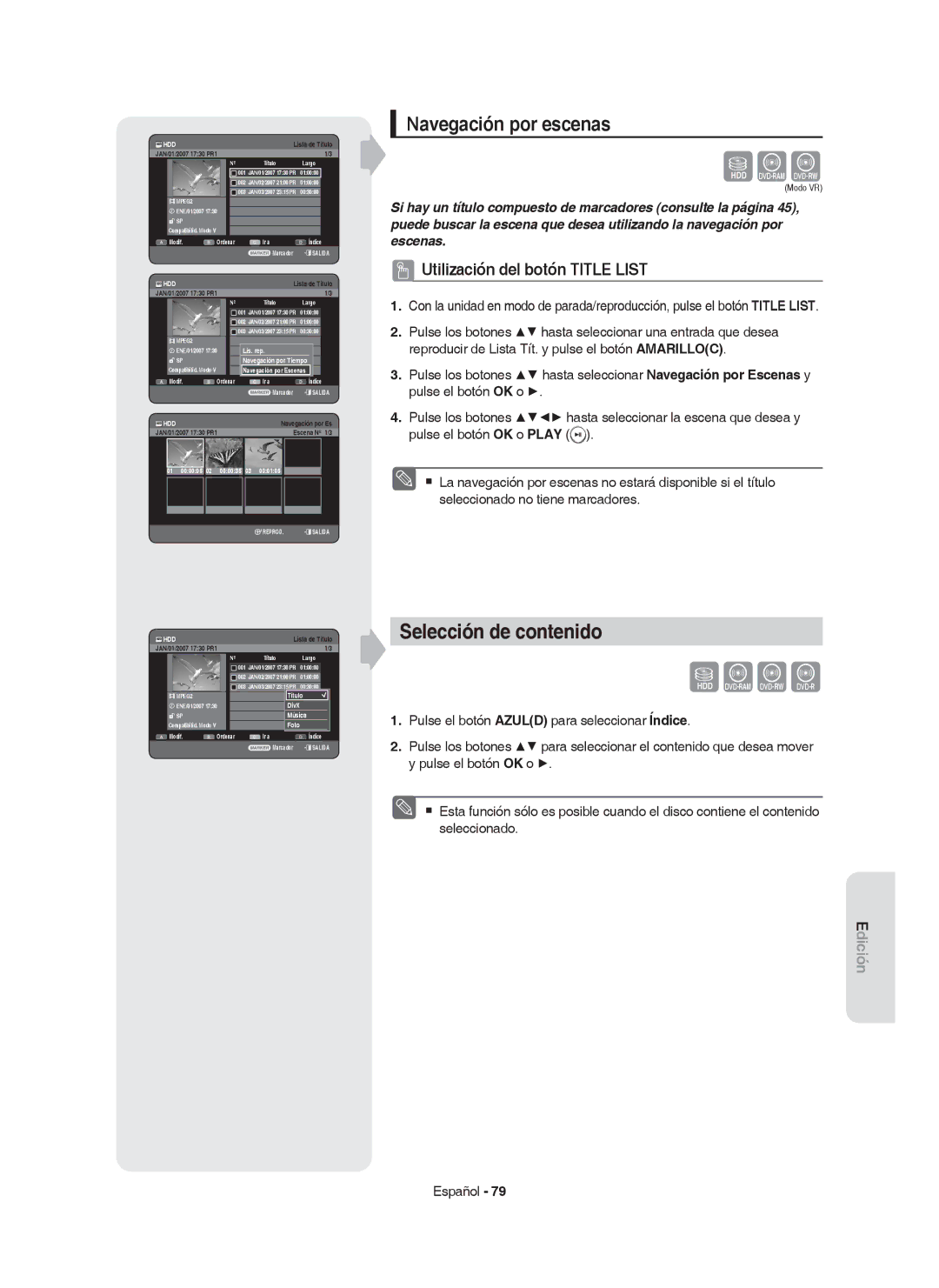 Samsung DVD-HR749/XEC, DVD-HR750/EUR, DVD-HR750/XEC Selección de contenido, Navegación por escenas, 01 000005 02 000035 03 