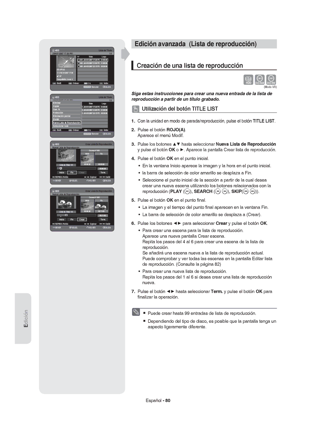 Samsung DVD-HR750/XEC Edición avanzada Lista de reproducción, Creación de una lista de reproducción, Inicio Fin Crear Term 