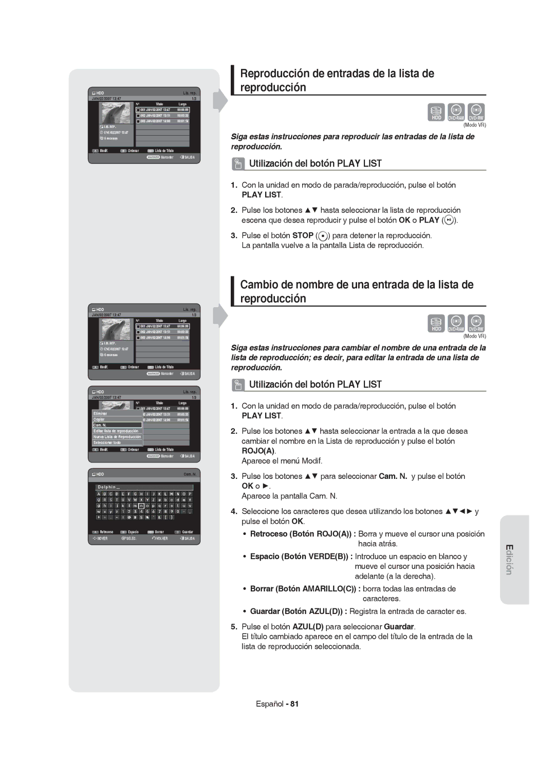 Samsung DVD-HR750/EUR, DVD-HR749/XEC, DVD-HR750/XEC manual Reproducción de entradas de la lista de reproducción, Dolphin 