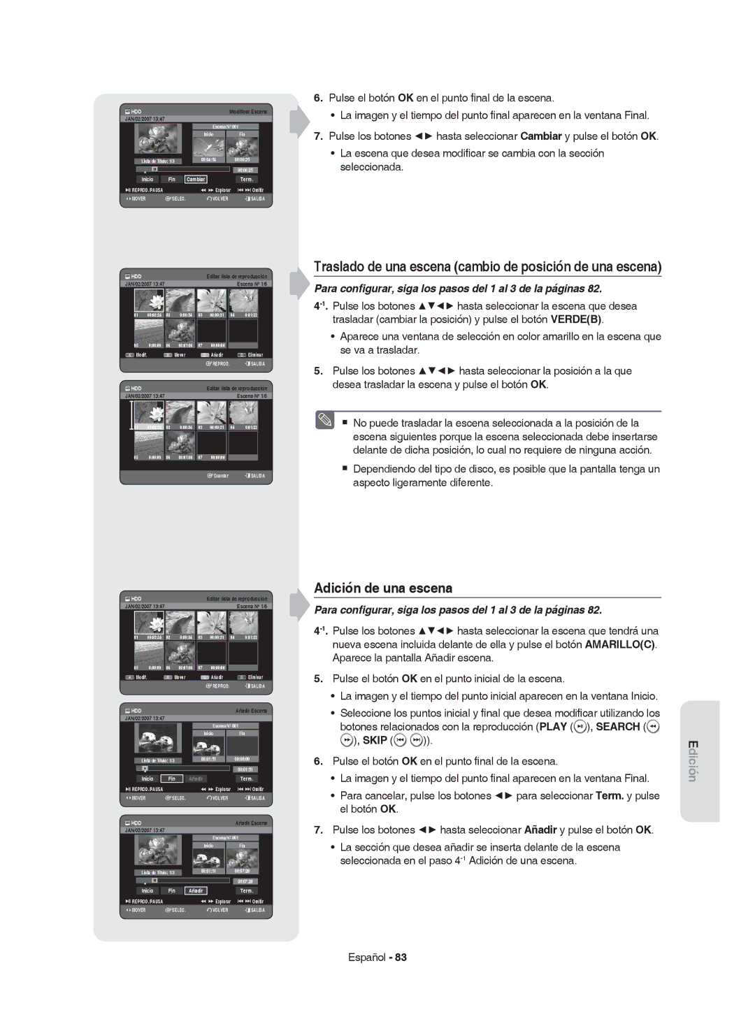 Samsung DVD-HR750/XEC, DVD-HR750/EUR manual Traslado de una escena cambio de posición de una escena, Inicio Fin Añadir Term 