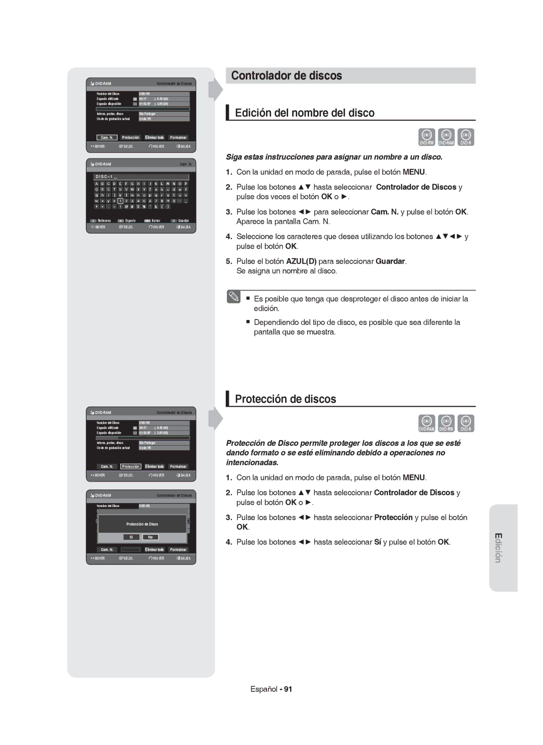 Samsung DVD-HR749/XEC, DVD-HR750/EUR manual Controlador de discos, Edición del nombre del disco, Protección de discos 