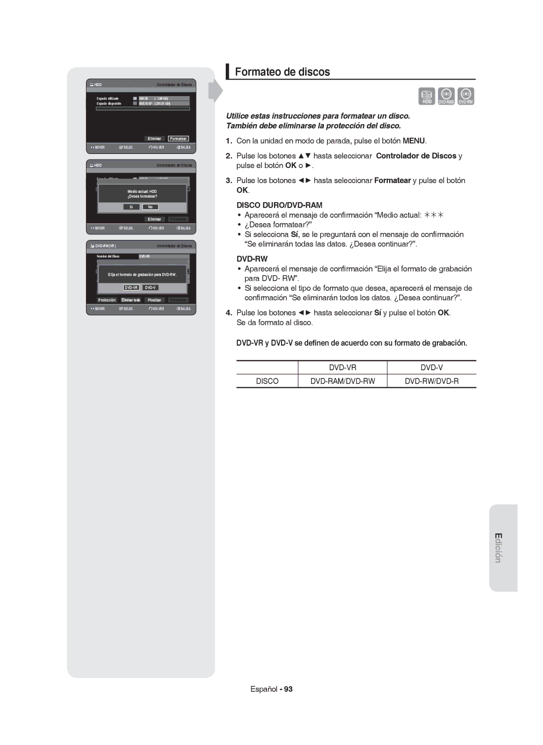 Samsung DVD-HR750/EUR, DVD-HR749/XEC, DVD-HR750/XEC manual Formateo de discos, Eliminar Formatear, ¿Desea formatear? Eliminar 