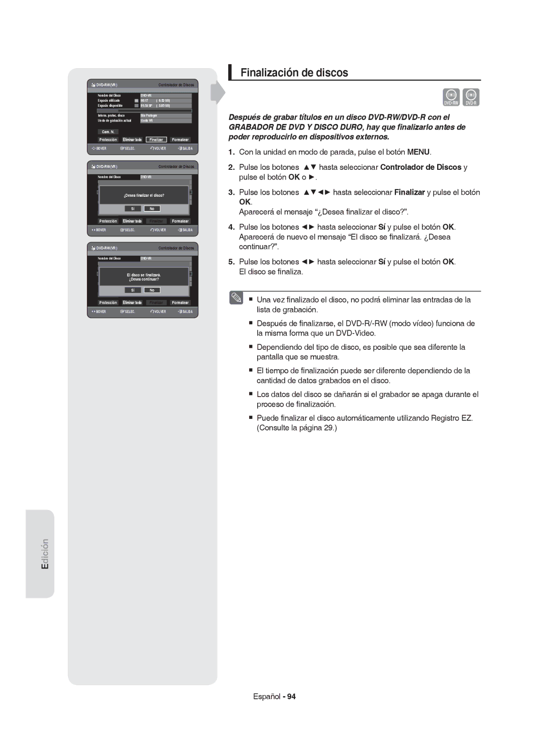 Samsung DVD-HR749/XEC, DVD-HR750/EUR, DVD-HR750/XEC manual Finalización de discos, Finalizar Formatear 