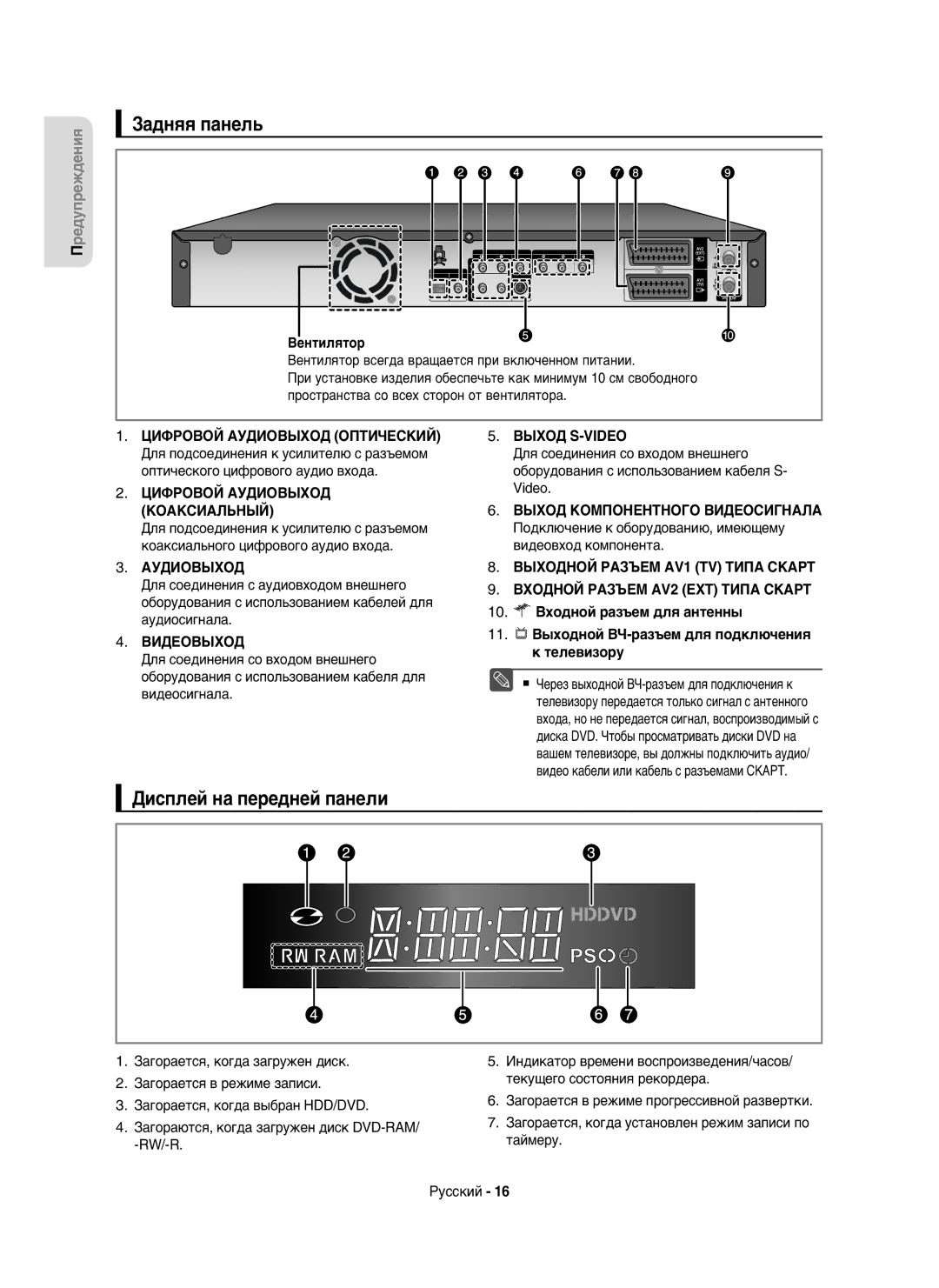 Samsung DVD-HR750/XEE, DVD-HR750/NWT manual Задняя панель, Дисплей на передней панели 