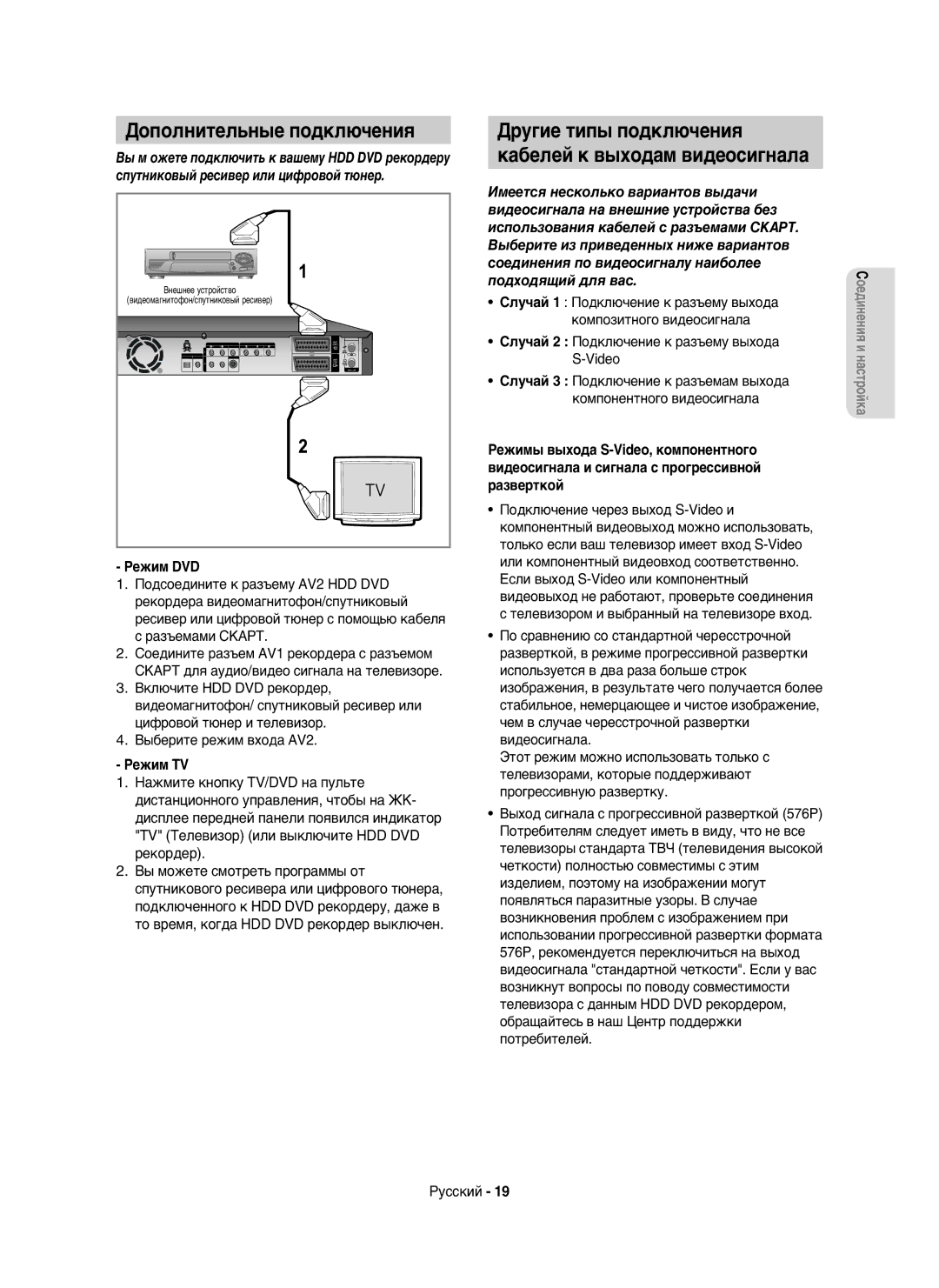 Samsung DVD-HR750/NWT manual Дополнительные подключения, Другие типы подключения Кабелей к выходам видеосигнала, Режим DVD 