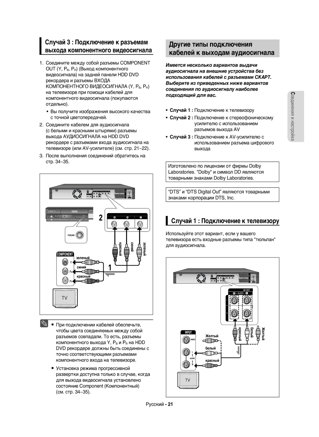 Samsung DVD-HR750/NWT manual Кабелей к выходам аудиосигнала, Другие типы подключения, Случай 3 Подключение к разъемам 