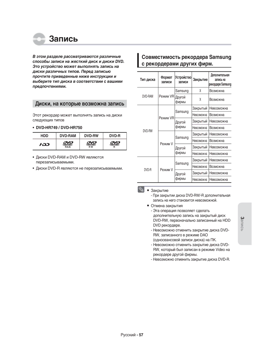 Samsung DVD-HR750/NWT, DVD-HR750/XEE manual Диски, на которые возможна запись,  Закрытие 