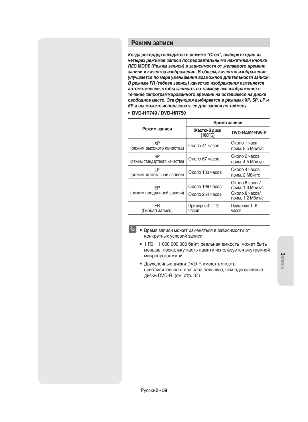 Samsung DVD-HR750/NWT, DVD-HR750/XEE manual Режим записи, DVD-HR749 / DVD-HR750 Время записи 