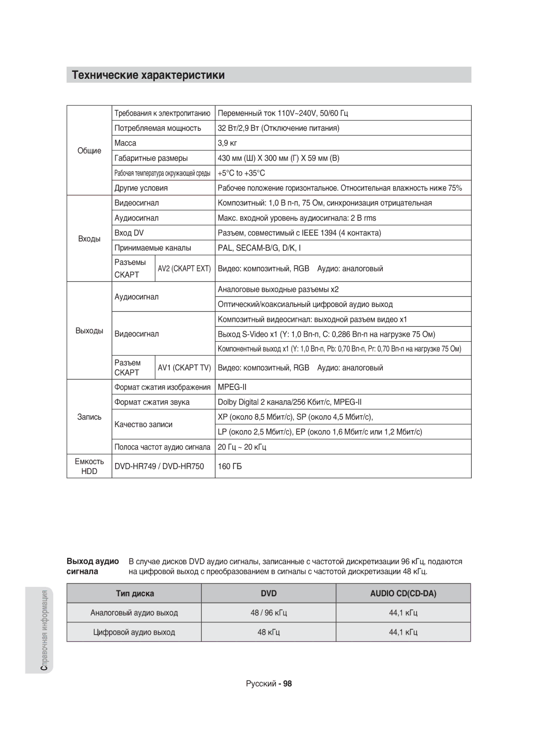 Samsung DVD-HR750/XEE, DVD-HR750/NWT manual Технические характеристики, Выход аудио, Сигнала, Тип диска, Dvd 