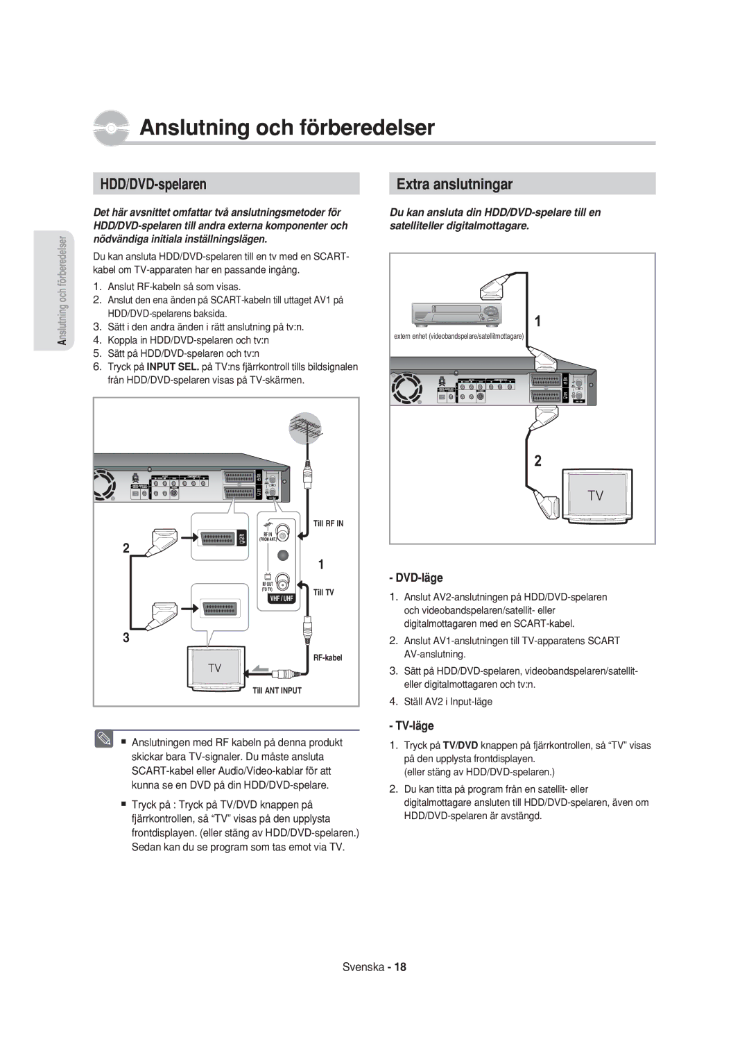 Samsung DVD-HR750/XEE manual HDD/DVD-spelaren, TV-läge, Ställ AV2 i Input-läge 