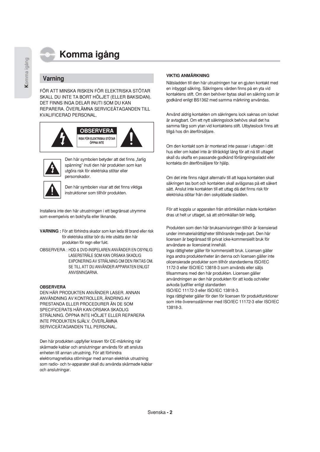 Samsung DVD-HR750/XEE manual Komma igång, Varning 