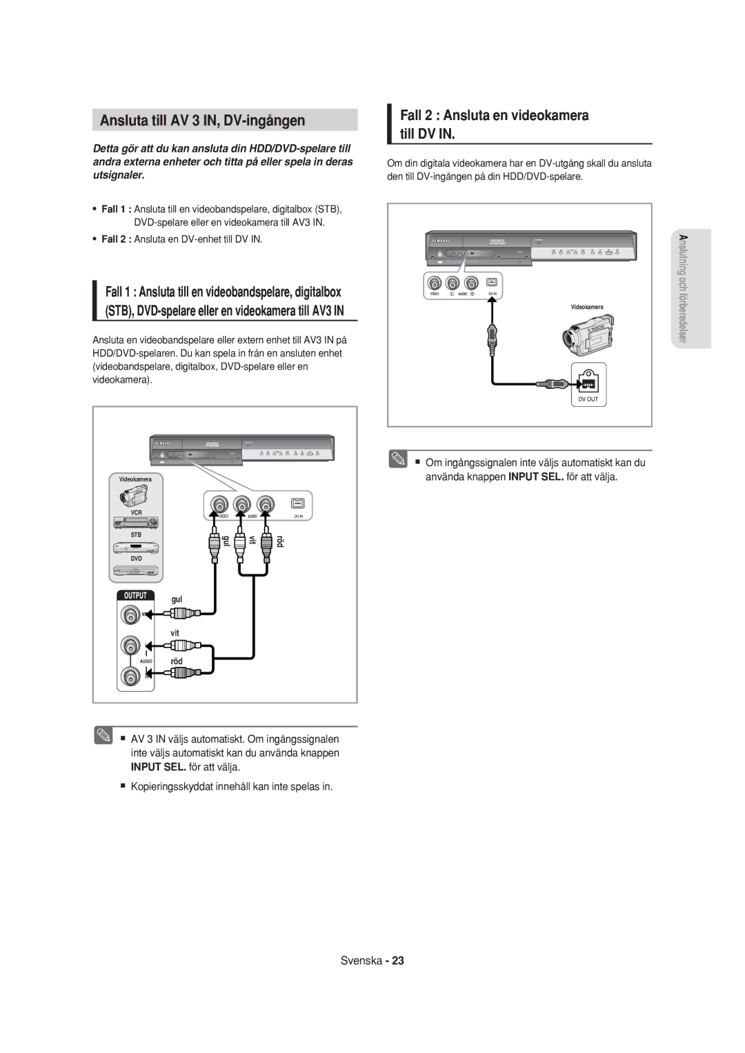 Samsung DVD-HR750/XEE manual Ansluta till AV 3 IN, DV-ingången, Fall 2 Ansluta en videokamera till DV 