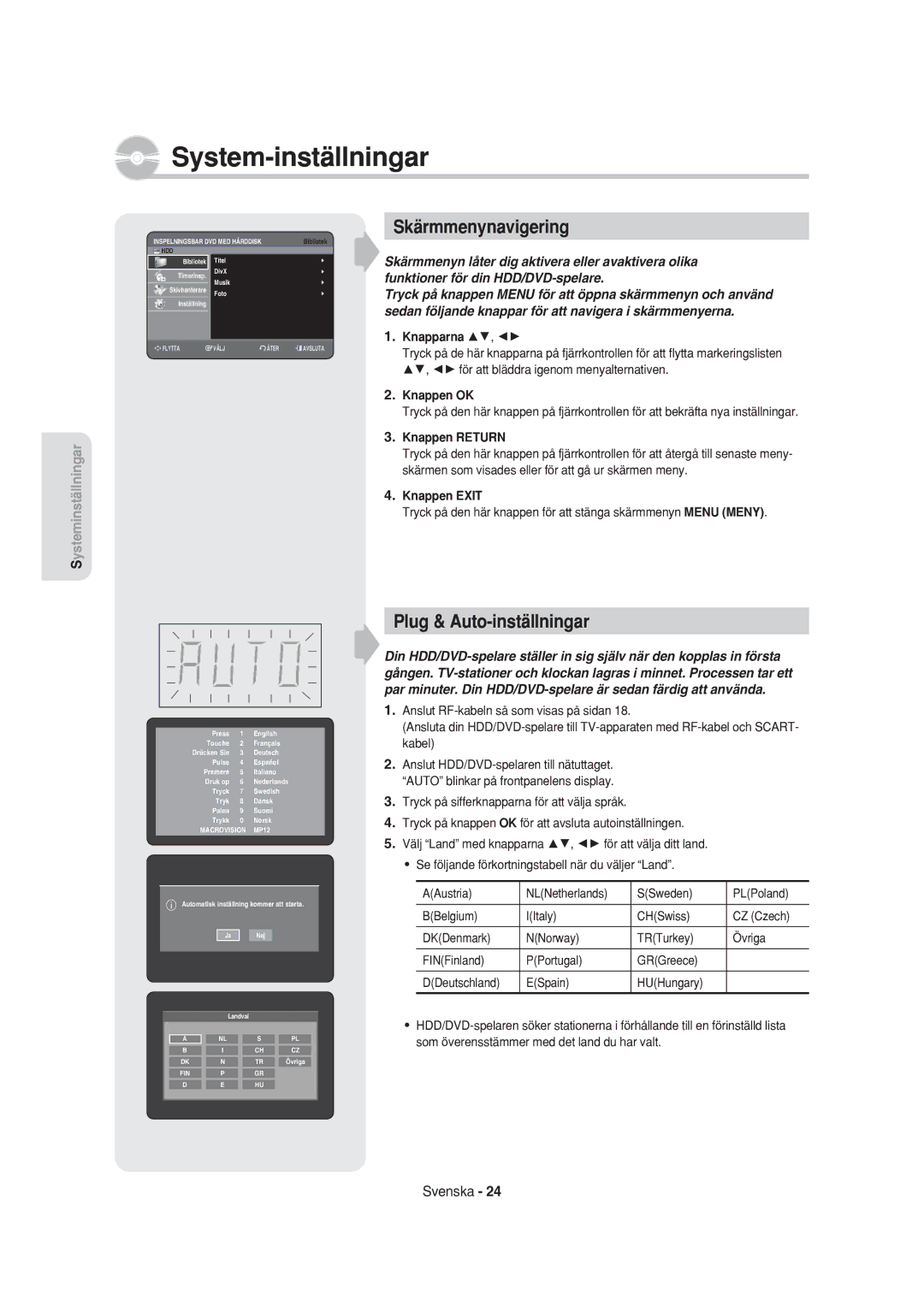 Samsung DVD-HR750/XEE manual Skärmmenynavigering, Plug & Auto-inställningar, Knapparna, Knappen OK, Knappen Return 