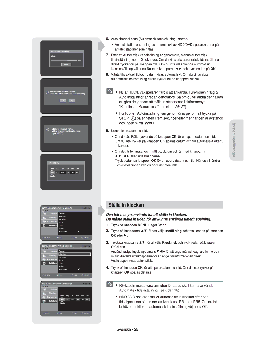 Samsung DVD-HR750/XEE manual Ställa in klockan 