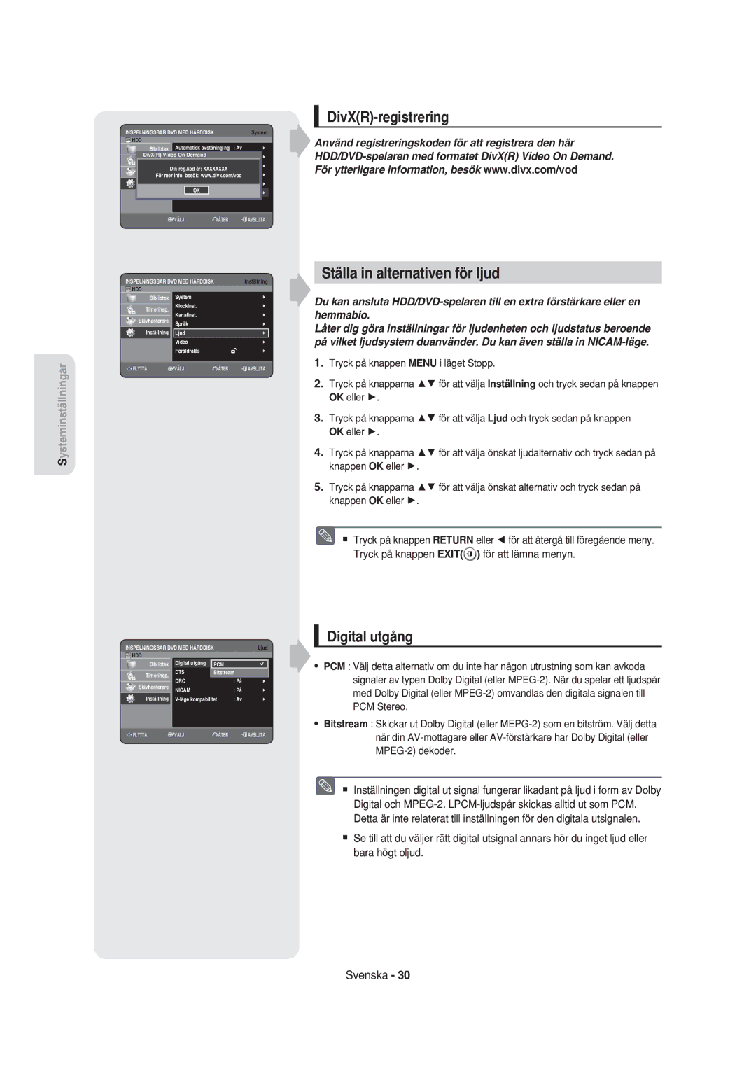 Samsung DVD-HR750/XEE manual DivXR-registrering, Ställa in alternativen för ljud, Digital utgång 