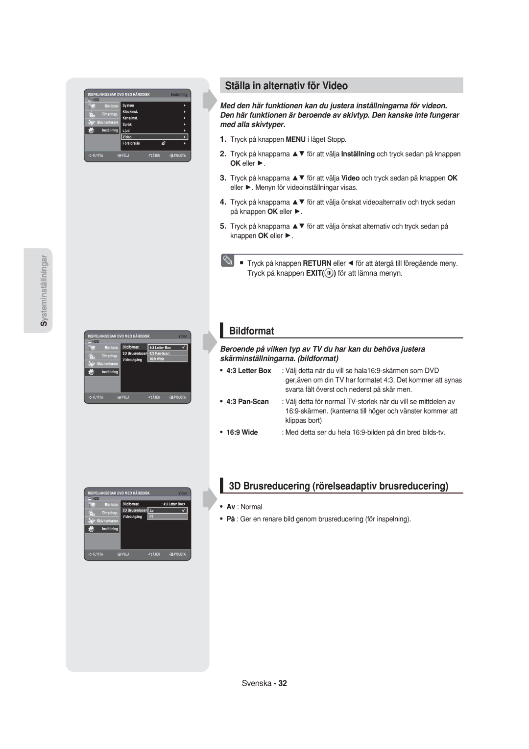 Samsung DVD-HR750/XEE manual Ställa in alternativ för Video, Bildformat, 3D Brusreducering rörelseadaptiv brusreducering 