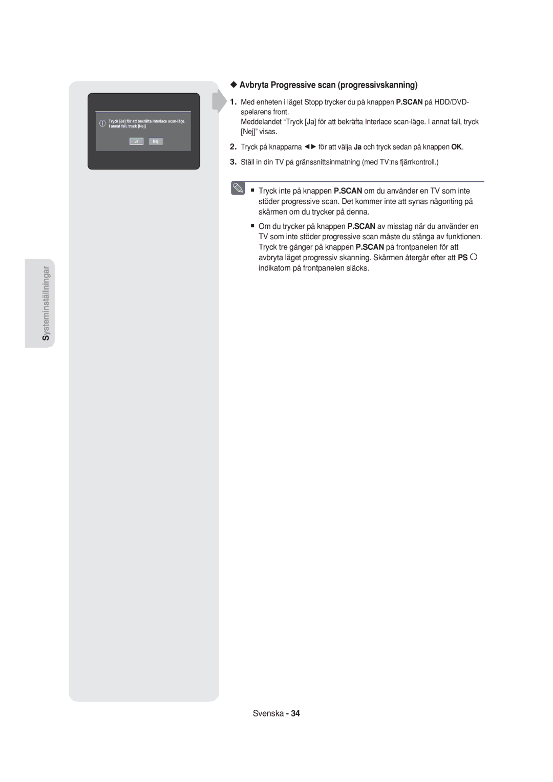 Samsung DVD-HR750/XEE manual Avbryta Progressive scan progressivskanning 