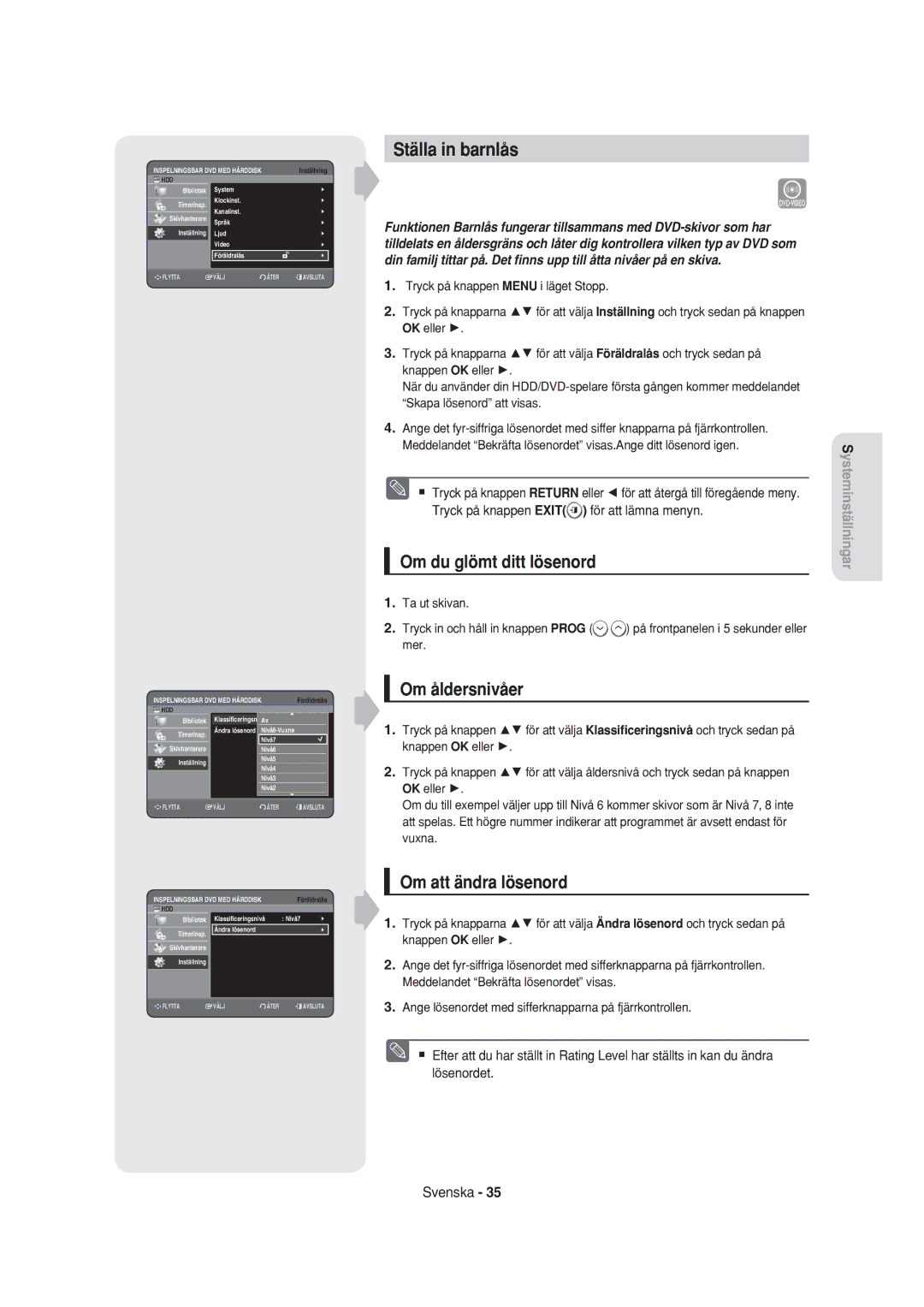 Samsung DVD-HR750/XEE manual Ställa in barnlås, Om du glömt ditt lösenord, Om åldersnivåer, Om att ändra lösenord 