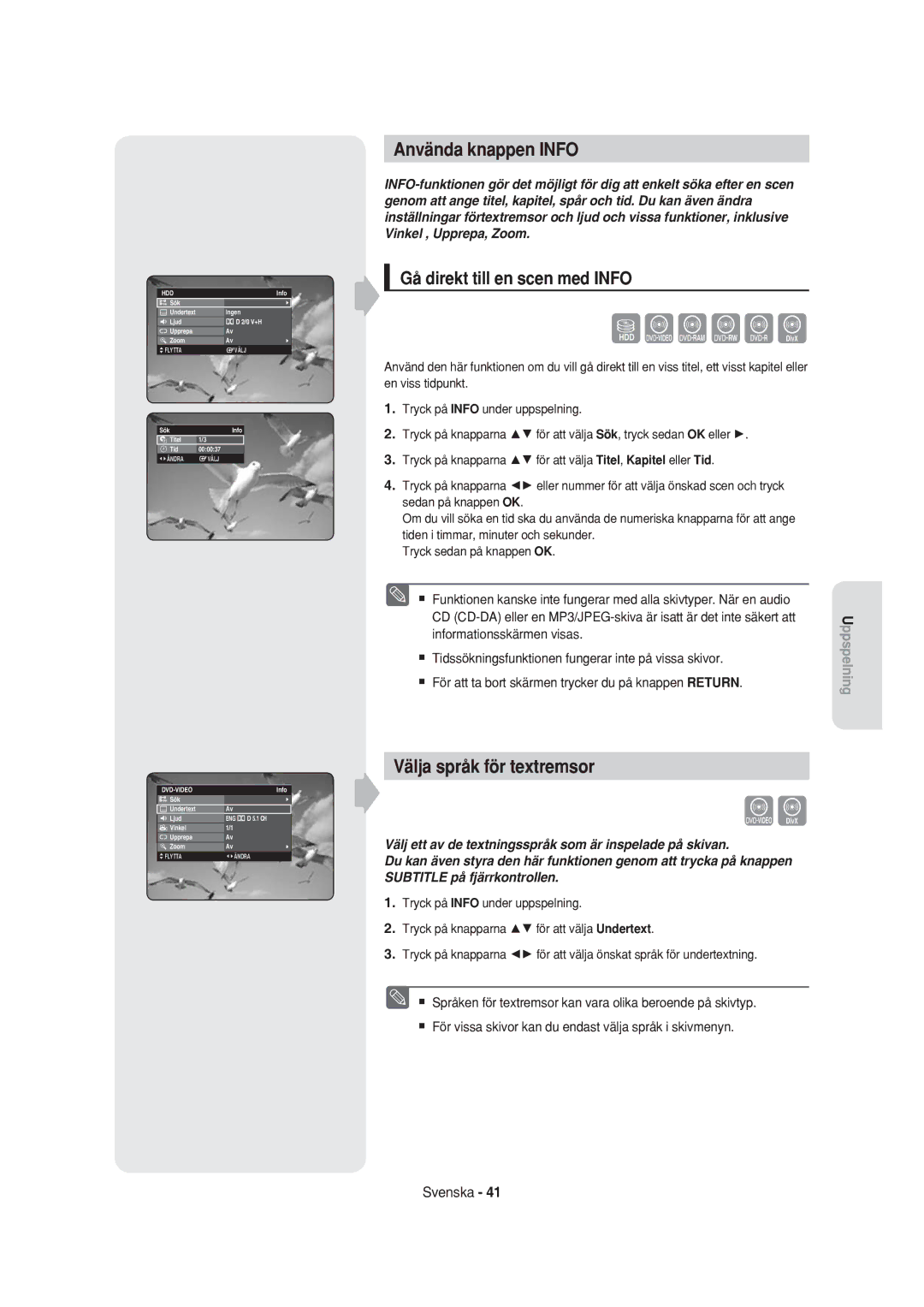 Samsung DVD-HR750/XEE manual Använda knappen Info, Gå direkt till en scen med Info, Välja språk för textremsor 